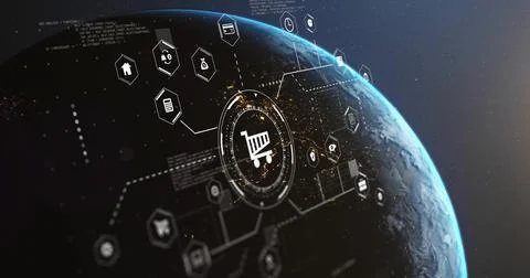 Showing central e-commerce HUD hovering over nightside Earth, displaying cart Stock Photos