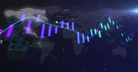 Showing central financial chart on dark dashboard, featuring dotted map, purple イラスト素材