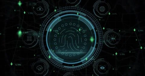 Showing central fingerprint scanner on interface, rings, icons, nodes, green イラスト素材