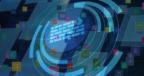 Showing central firewall icon framed by concentric rings at network panel with Stock Photos