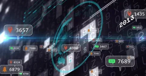 Showing central globe rotating over HUD, with map pins, alert bubbles and node Stock Photos