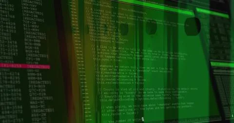 Showing central green code editor at console, with side panes, red highlight, Stock Illustration