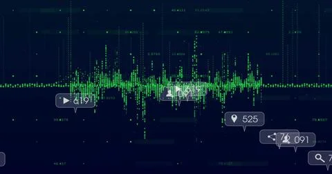 Showing central green waveform presenting data on dark navy UI, with UI callo Stock Illustration