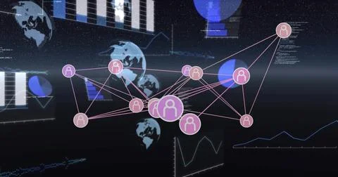 Showing central highlighted node connecting purple user icons in 3D data space, Stock Illustration