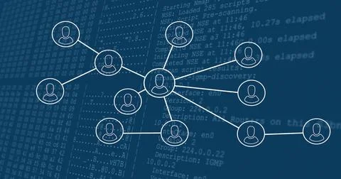 Showing central hub node linking peripheral avatar nodes on blue digital Stock Illustration