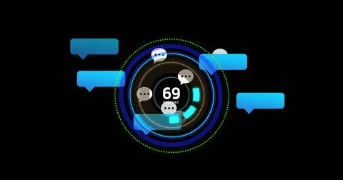 Showing central HUD on black void, pulsing 69 PERCENT gauge, blue speech Stock Illustration