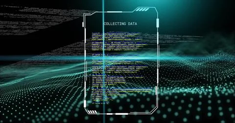 Showing central HUD displaying code and COLLECTING DATA on digital dashboard Stock Photos