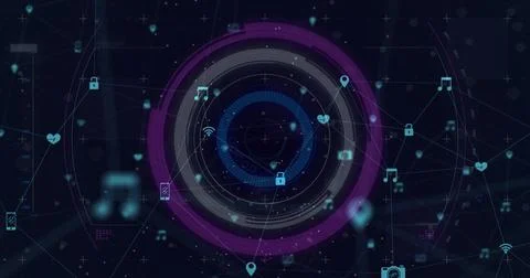 Showing central HUD rings rotating in dark network with padlocks, music, WiFi Stock Illustration
