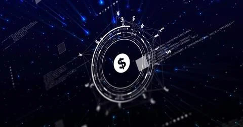 Showing central HUD with white dollar sign projecting rings and currency glyphs イラスト素材