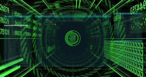 Showing central interface and rings converging in data corridor, with floating イラスト素材