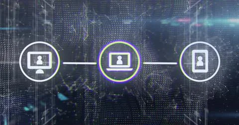 Showing central laptop node glowing with neon ring on digital map, linking Illustrazione stock