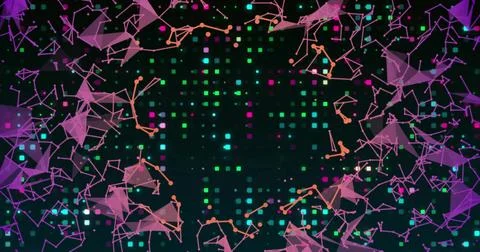 Showing central matrix floating in dark digital UI, with mesh nodes, thin lines, Stock Illustration