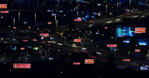 Showing central multilevel freeway flowing light trails at night, with floating Stock Illustration