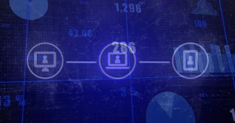 Showing central node with laptop icon and user avatar on dashboard, connected to Stock Illustration