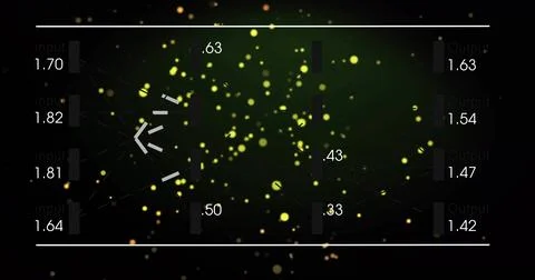 Showing central node network pulsing on dark dashboard, glowing yellow nodes, Stock Illustration
