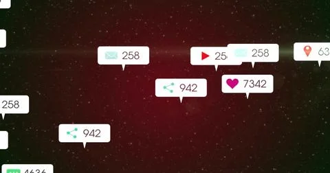 Showing central notifications in starry gradient, mail 258, share 942, likes Stock Illustration