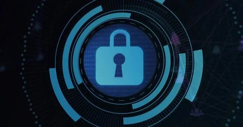 Showing central padlock icon being surrounded by HUD rings on dashboard, 库存插图
