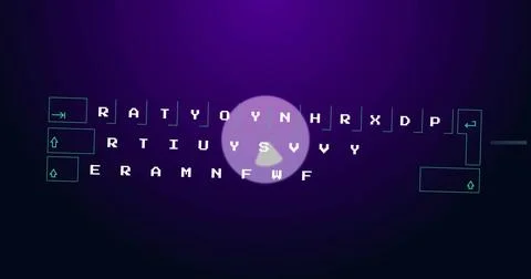 Showing central play button hovering over framed block letters on dark purple Stock Photos
