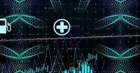 Showing central plus icon on dashboard with dotted trail, waveforms, bar charts 스톡 일러스트