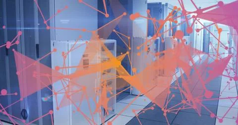 Showing central row of server racks in data center corridor, with network ove Stock Photos