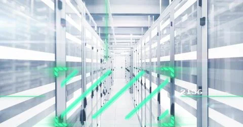 Showing central server aisle drawing attention in datacenter, with glossy racks Stock Photos