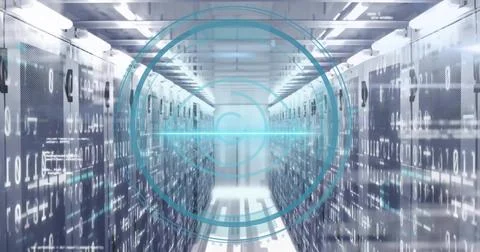 Showing central server aisle featuring perforated racks and visible binary 스톡 사진