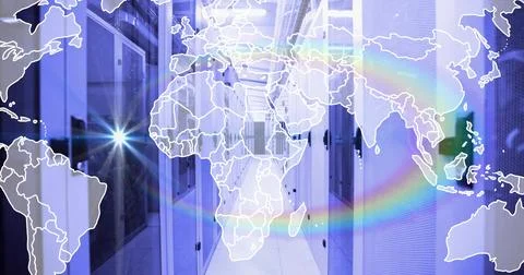 Showing central server aisle glowing under blue purple lights in data center, イラスト素材