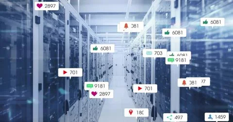 Showing central server aisle receding in data center featuring racks, LEDs, Stock Photos