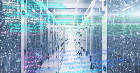 Showing central server aisle stretching in datacenter with patterned rack doors, 스톡 사진
