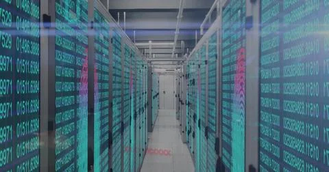Showing central server-rack aisle reflecting turquoise code on glass fronts in 写真素材
