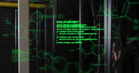 Showing central server rack column glowing with green code overlay in data 스톡 사진