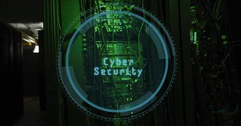 Showing central server rack projecting Cyber Security HUD inside dim data center Stock Photos