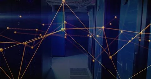 Showing central server racks in data center with mesh doors, LEDs, vent, cable Stock Photos