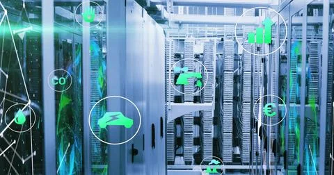 Showing central server racks displaying blade servers and cables in data center, Stock Photos