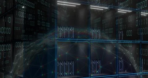 Showing central server racks projecting digital network globe over data center Illustrazione stock