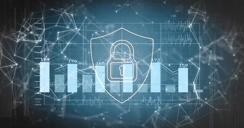Showing central shield and padlock overlaying data dashboard, featuring chart, Stock Photos