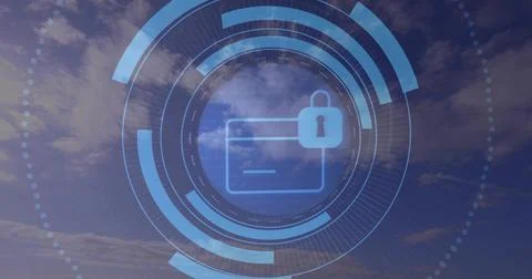 Showing central translucent blue HUD over open sky, displaying payment card icon Stock Photos