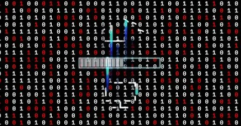 Showing central UI displaying segmented bar, neon streaks, binary grid and Illustration