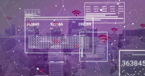 Showing central UI overlay hovering above purple skyline, displaying numeric Ilustración de archivo