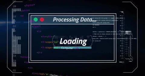 Showing central UI window with Loading overlay and progress bar on dark Stock Illustration