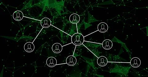Showing central user node linking radial user icons with white lines on black Stock Photos