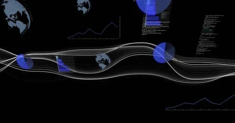 Showing central waveforms with blue circles moving across interface, globe icons Stock Photos