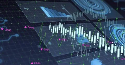Showing central white candlestick chart on trading dashboard, with green line 写真素材
