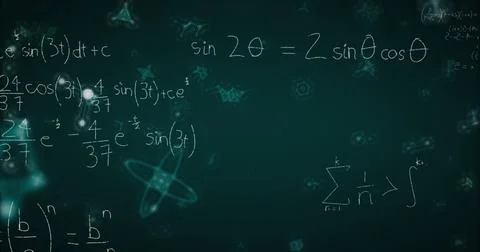 Showing chalkboard featuring trigonometric equations, glowing orbitals, Stock Illustration