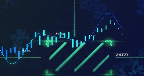 Showing chart with candlestick bars, line graph, labels on screen, hex grid Illustrazione stock