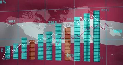 Showing chart on dashboard, teal or orange bars and white or pink lines, Stock Photos