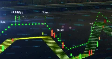 Showing chart on glossy screen with red green candles, neon green trendline, Stock Photos