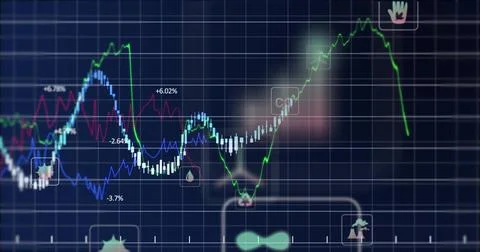 Showing chart on screen, featuring candlesticks, green blue magenta lines, Stock Illustration
