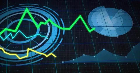 Showing chart visuals moving on dark grid dashboard, with green line, radial HUD Stock Illustration