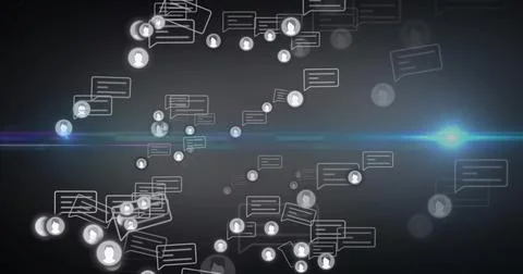 Showing chat bubbles and circular avatar icons drifting in digital space, Stock Illustration